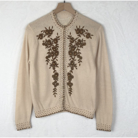 VTG 60s Wool Beaded Cardigan Sweater Women's Sz M Beige Pearl Buttons L/S - Picture 1 of 13